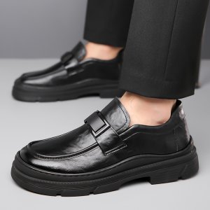(image for) 2024 new thick-soled leather shoes for men, trendy casual British style middle-aged dad shoes, hand-scratch pattern business small leather shoes
