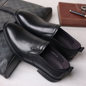 (image for) New first-layer cowhide formal leather shoes for men, genuine leather pointed toe slip-on derby men's shoes, one-leg business men's leather shoes
